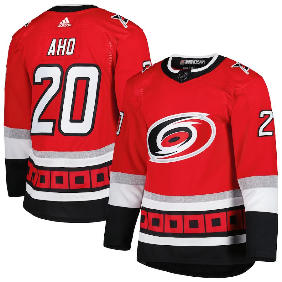 Men Carolina Hurricanes #20 Sebastian Aho adidas Red 25th Anniversary Authentic Pro Primegreen Player NHL Jersey